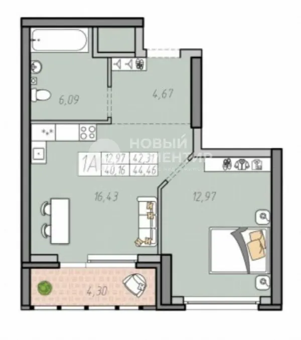 1-комн. квартира, 42.3 м², 10/32 эт.